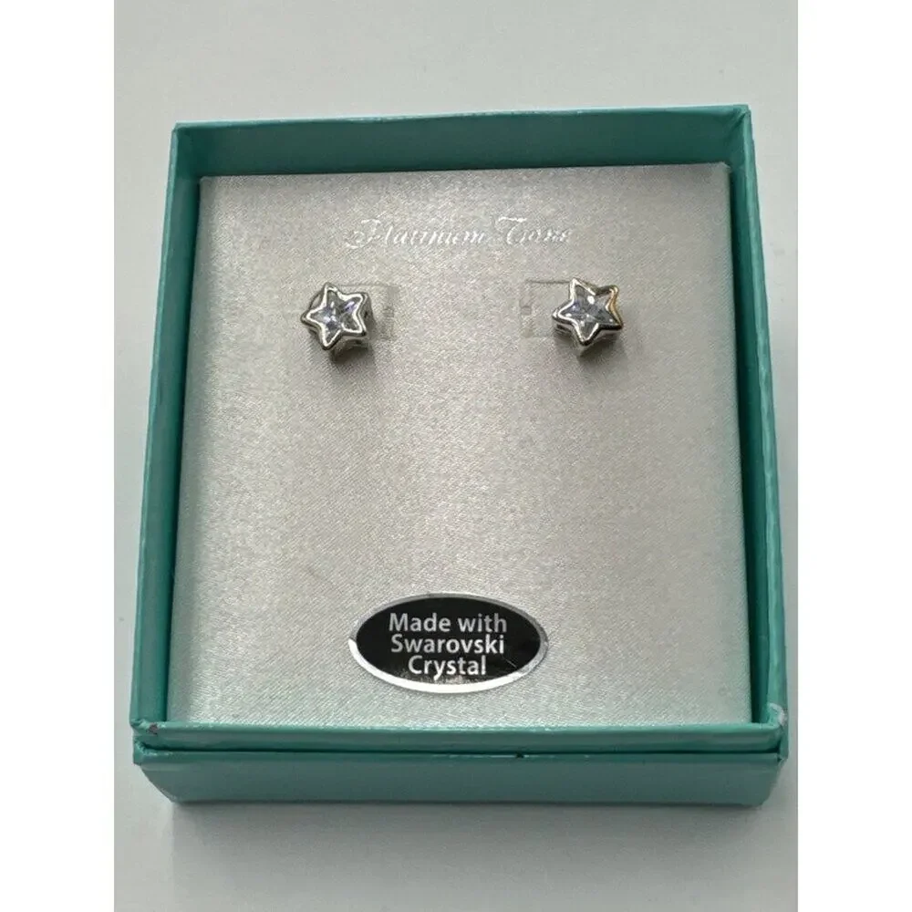 Swarovski Star Crystal Stud Earrings Platinum Tone NWT Gift Box